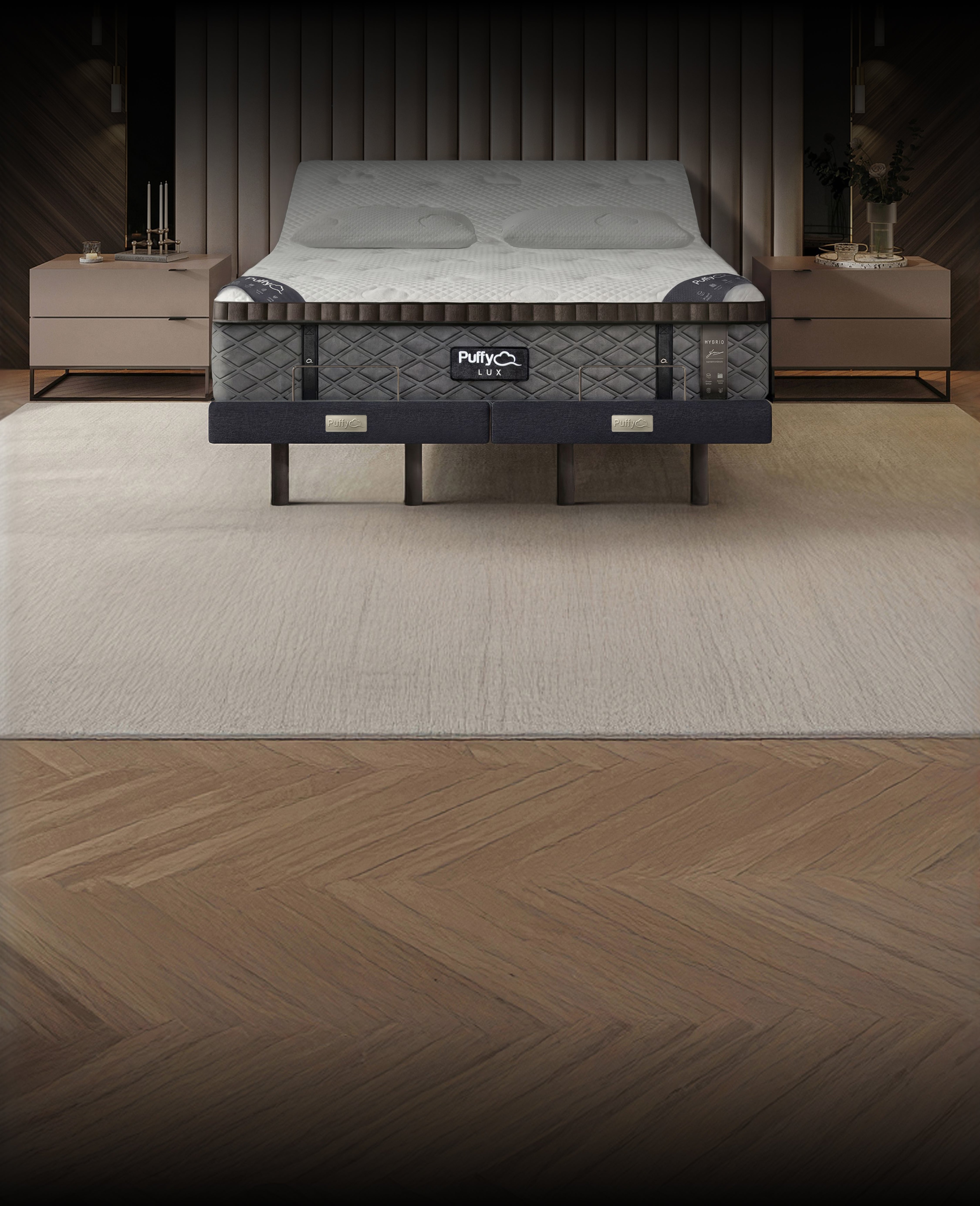 Puffy Lux mattress raised on a Puffy Serenity Adjustable Base